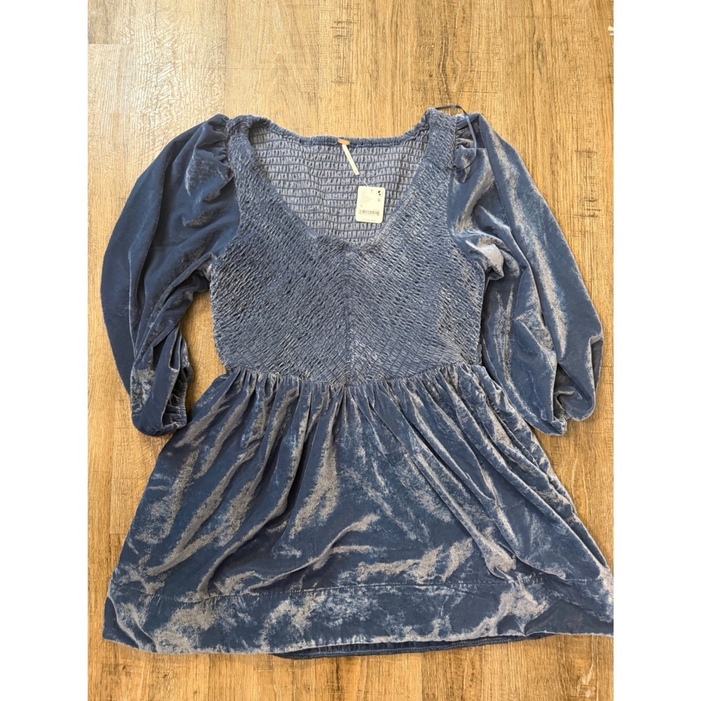 Free People Blue Velvet Smocked Mini Dress OB12138008 Size M NWT - Picture 2 of 8
